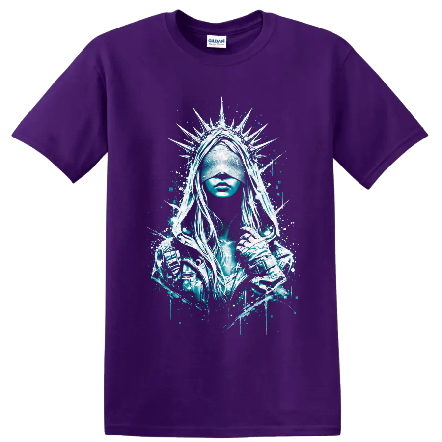 Blindfolded crowned warrior woman in teal gothic splatter art with spiked halo on a Purple T Shirt