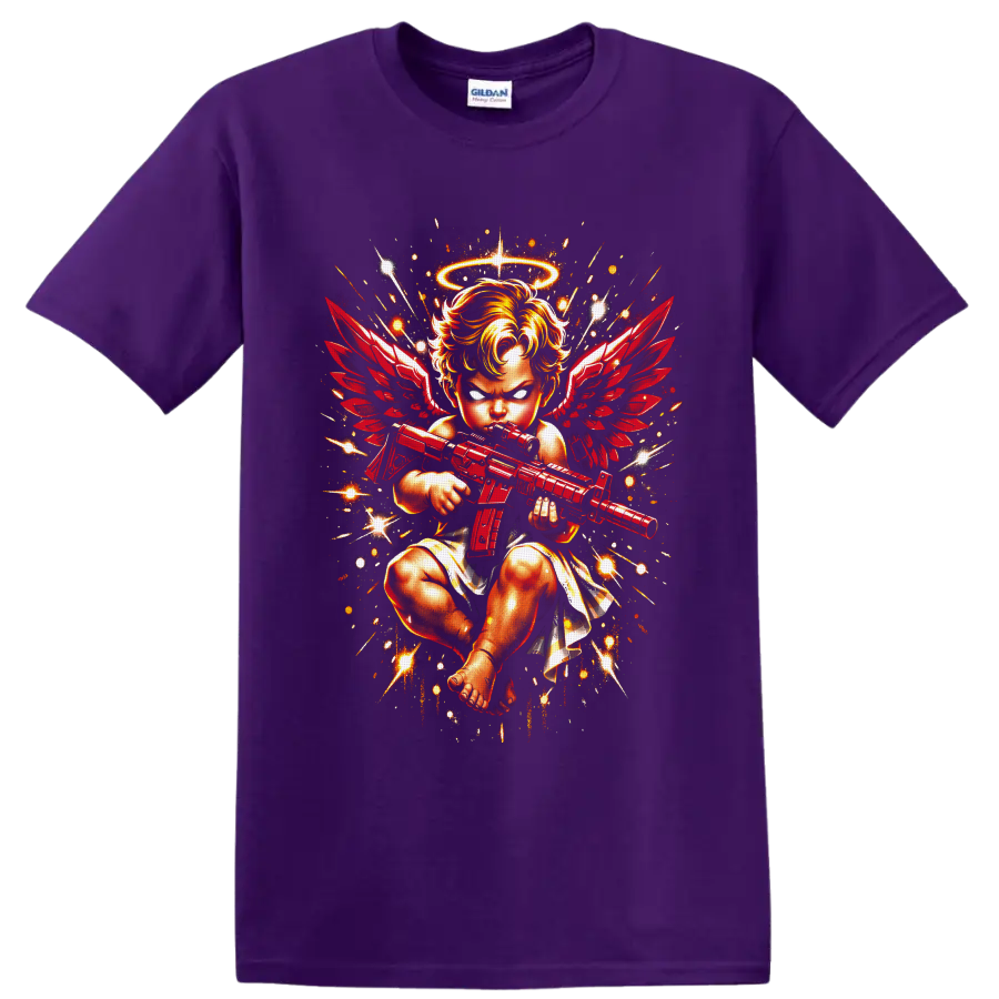 Fierce haloed angel baby with red wings holding a rifle in fiery fantasy art on a Purple T Shirt