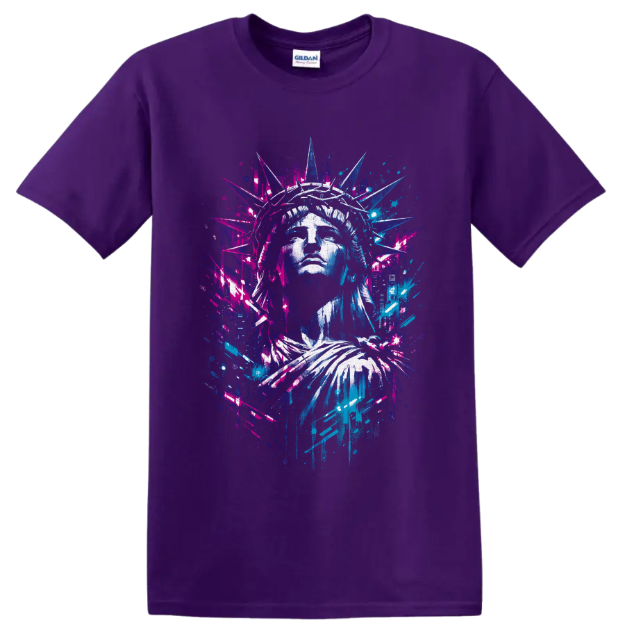Statue of Liberty portrait in neon graffiti street-art style with urban splatter accents on a Purple T Shirt