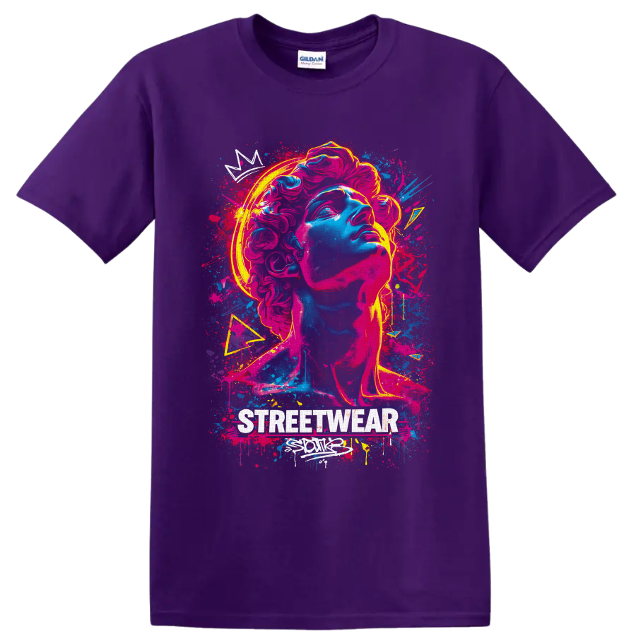 Neon graffiti classical statue bust with paint splashes and STREETWEAR text on a Purple T Shirt
