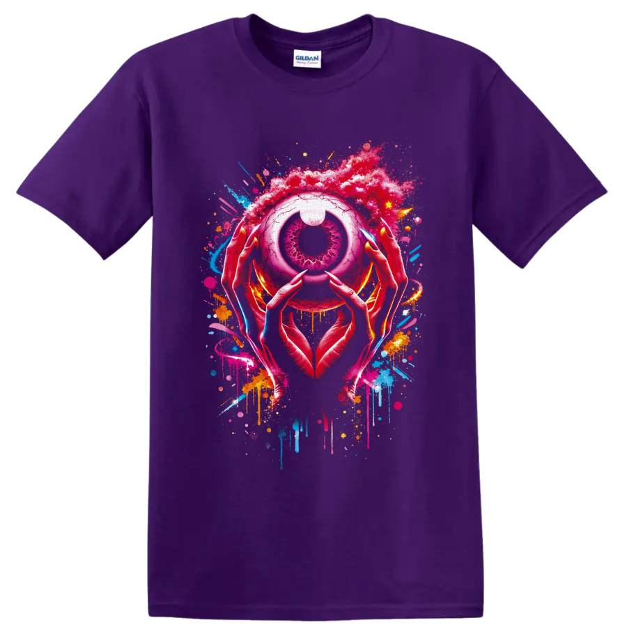 Surreal pink eye held by pointed hands with neon graffiti splatters and drips on a Purple T Shirt