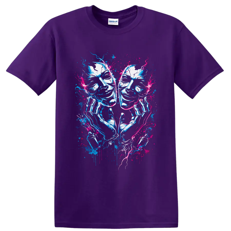 Comedy and tragedy theater masks with gloved hands in neon blue and pink graffiti art on a Purple T Shirt