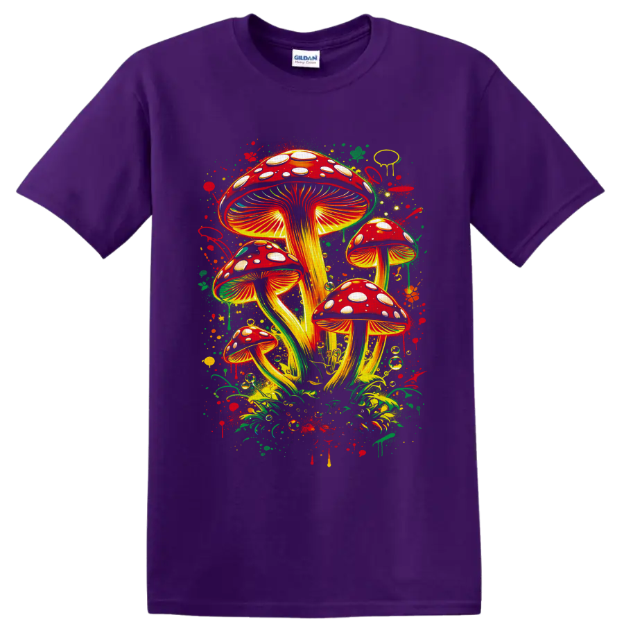 Psychedelic red spotted mushroom cluster with golden gills and forest splatters on a Purple T Shirt