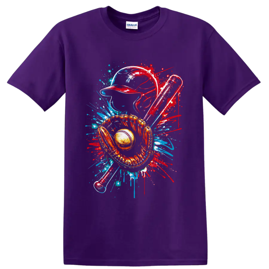Baseball catcher helmet, mitt, ball and bats in red and blue graffiti splash art on a Purple T Shirt