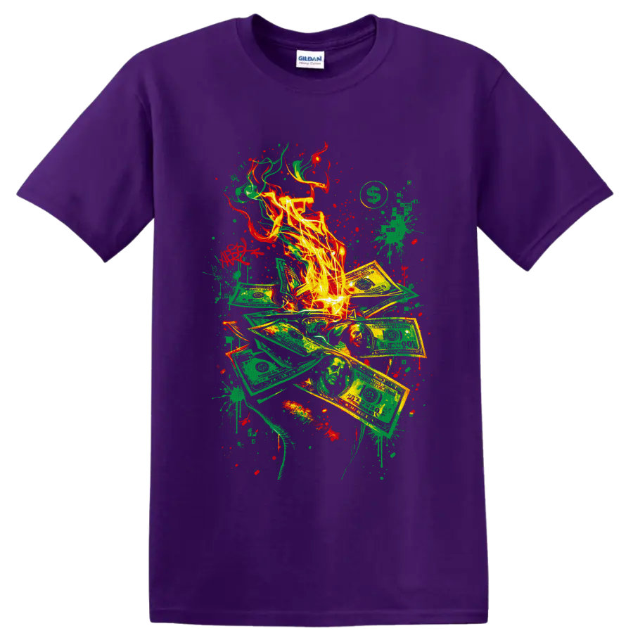 Burning dollar bills with flames and red-green graffiti paint splatters on a Purple T Shirt