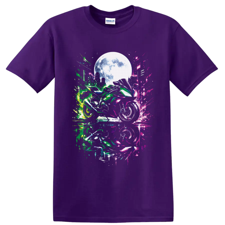 Cyberpunk sport motorcycle with neon city skyline, glowing moon, and reflective street art on a Purple T Shirt