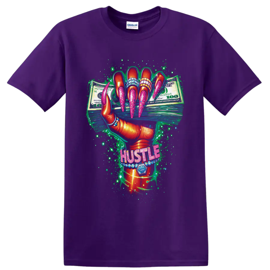 Glam manicured hand with pink nails, cash stacks, jeweled HUSTLE lettering, and sparkles on a Purple T Shirt