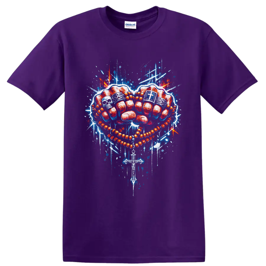 Red boxing gloves with rosary beads, cross, skull, and blue graffiti splashes on a Purple T Shirt