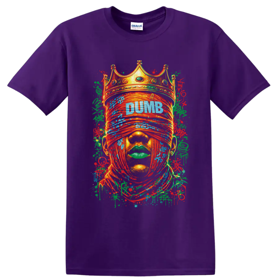 Crowned blindfolded face graffiti portrait with DUMB text and paint splatters on a Purple T Shirt