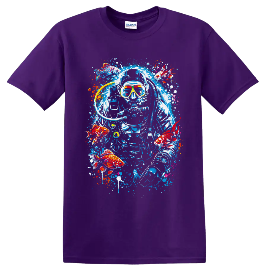 Graffiti-style scuba diver with goldfish, bubbles, and colorful ocean paint splashes on a Purple T Shirt