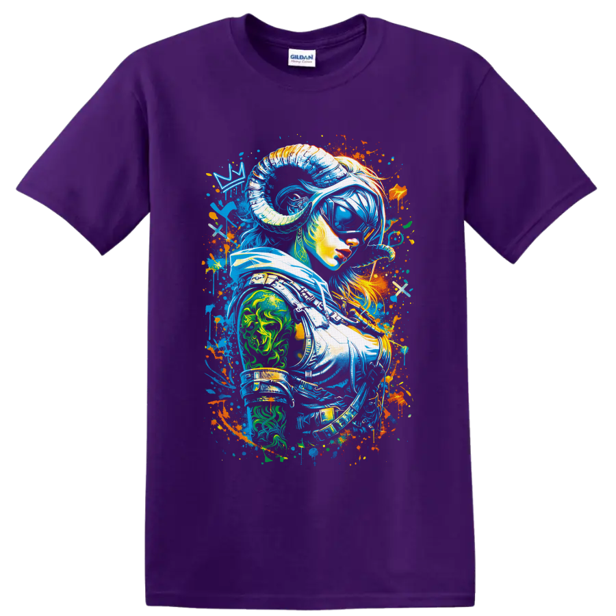 Neon graffiti woman astronaut portrait with a reflective visor and cosmic paint splatters on a Purple T Shirt