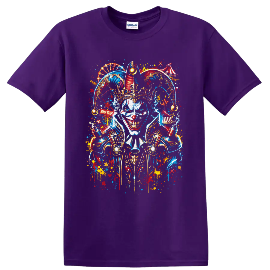Sinister crowned jester clown with Big Top circus tents in vibrant graffiti style on a Purple T Shirt