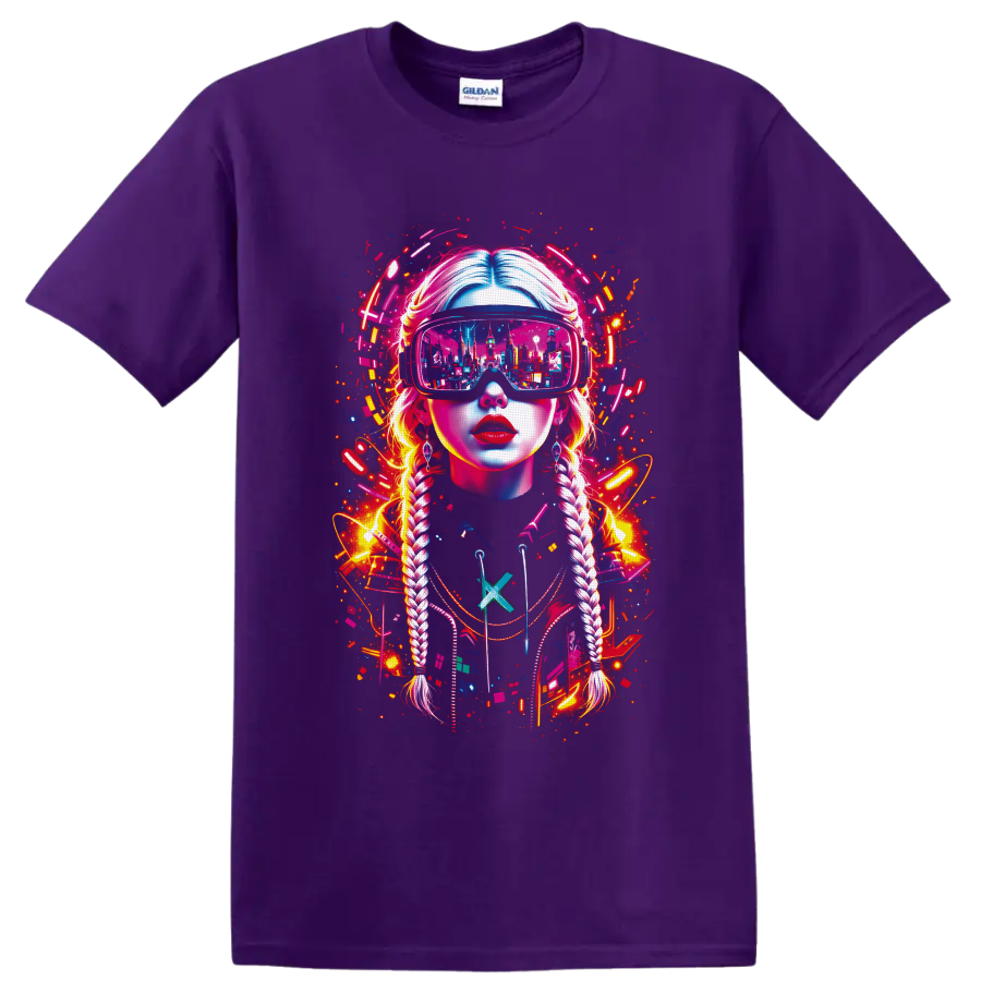 Cyberpunk braided woman in VR goggles with neon city reflection and digital splatter on a Purple T Shirt