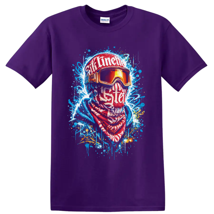 Graffiti-style winter sports portrait with ski goggles, helmet, scarf, and paint splatters on a Purple T Shirt