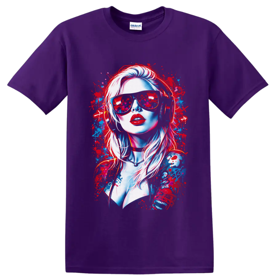 Neon woman portrait with sunglasses, headphones, and red-blue graffiti splatters on a Purple T Shirt