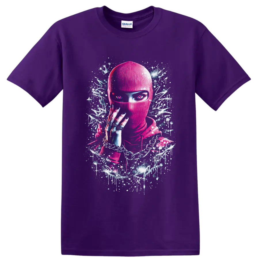 Neon pink masked woman with chains and rings in cyberpunk graffiti portrait art on a Purple T Shirt