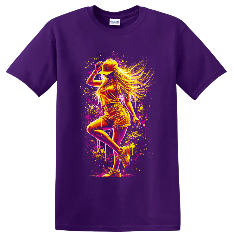 Neon dance girl in cap and sneakers with flowing hair and graffiti paint splatters on a Purple T Shirt