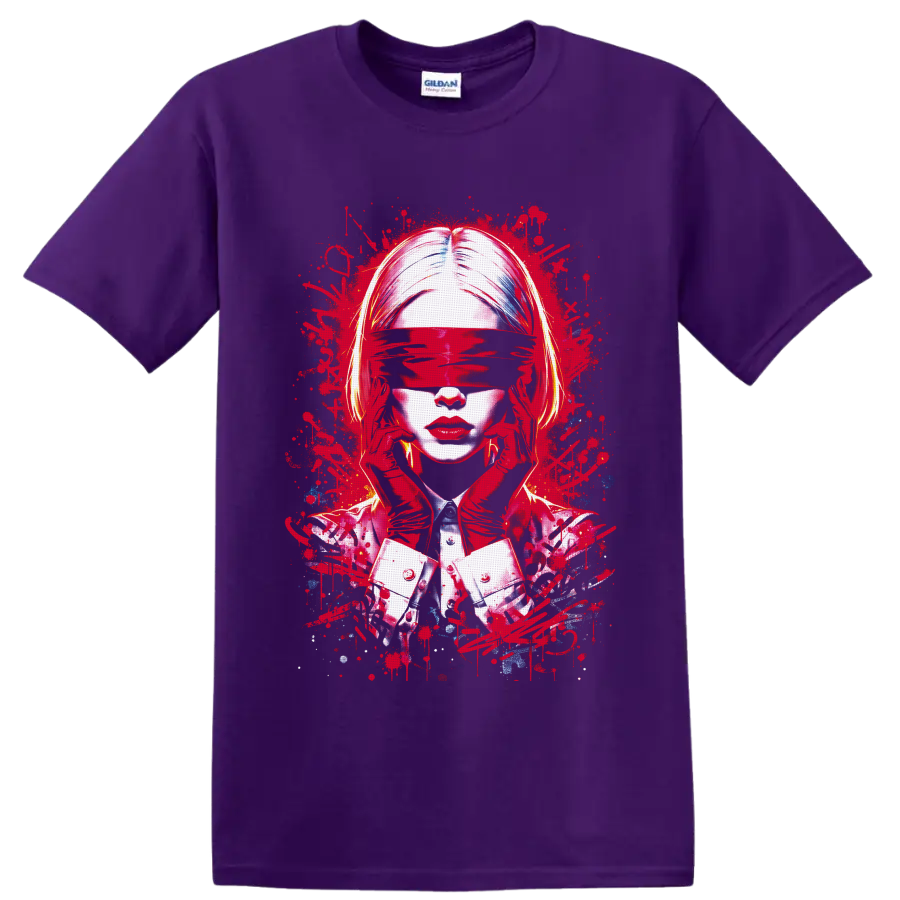 Blindfolded woman abstract portrait with red paint splatters and red gloves on a Purple T Shirt