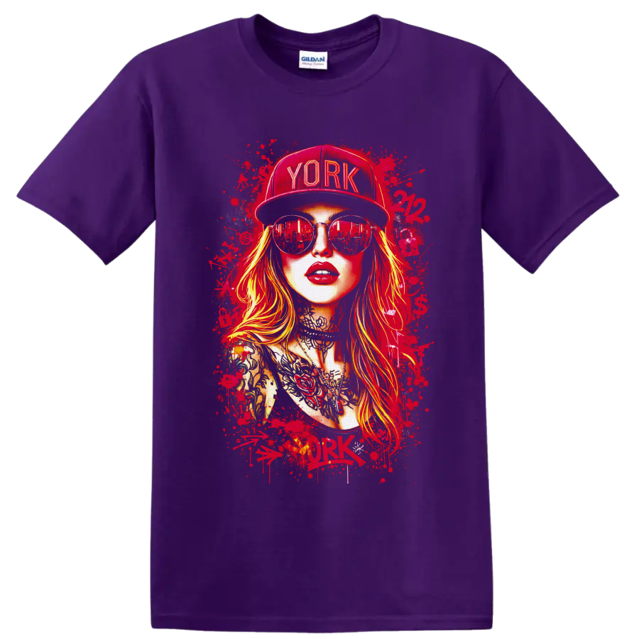 Tattooed woman portrait in YORK cap and sunglasses with red paint-splatter street art on a Purple T Shirt