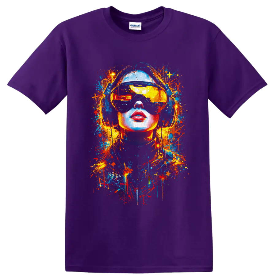 Cyberpunk woman in reflective VR visor and headphones with neon graffiti splashes on a Purple T Shirt
