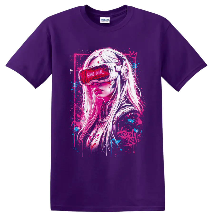 Cyberpunk gamer girl in VR headset with Game Over visor and neon graffiti splatters on a Purple T Shirt