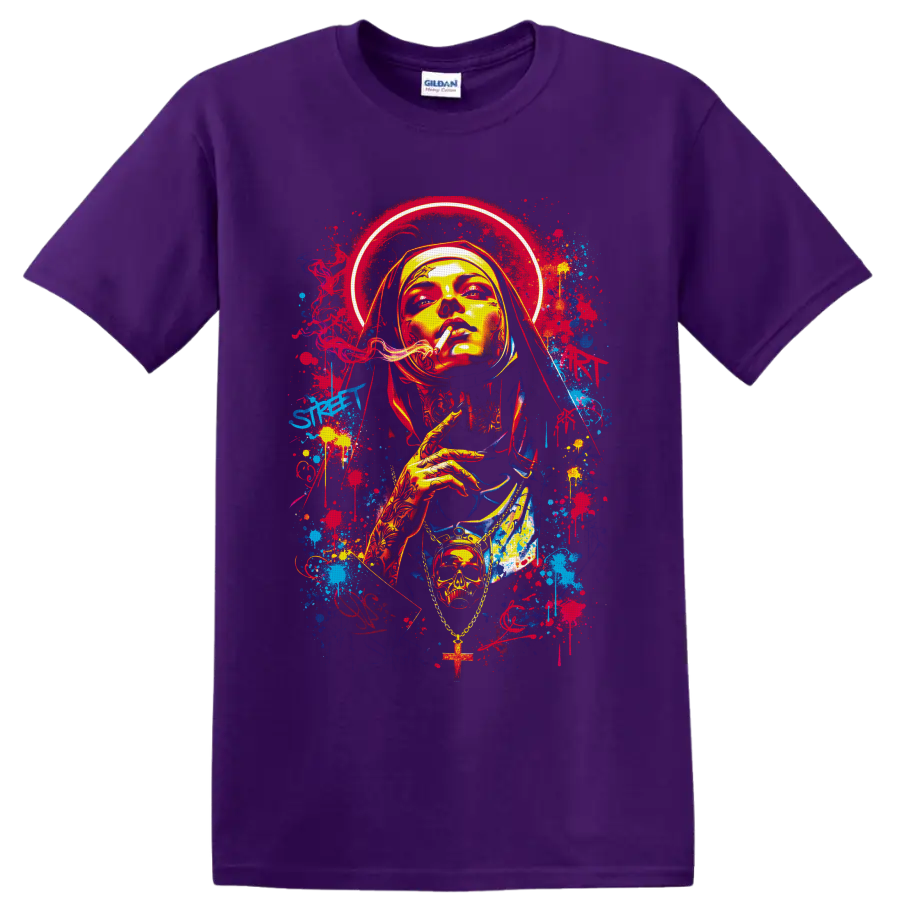 Gothic smoking nun portrait with halo, skull pendant, cross, and graffiti splatters on a Purple T Shirt