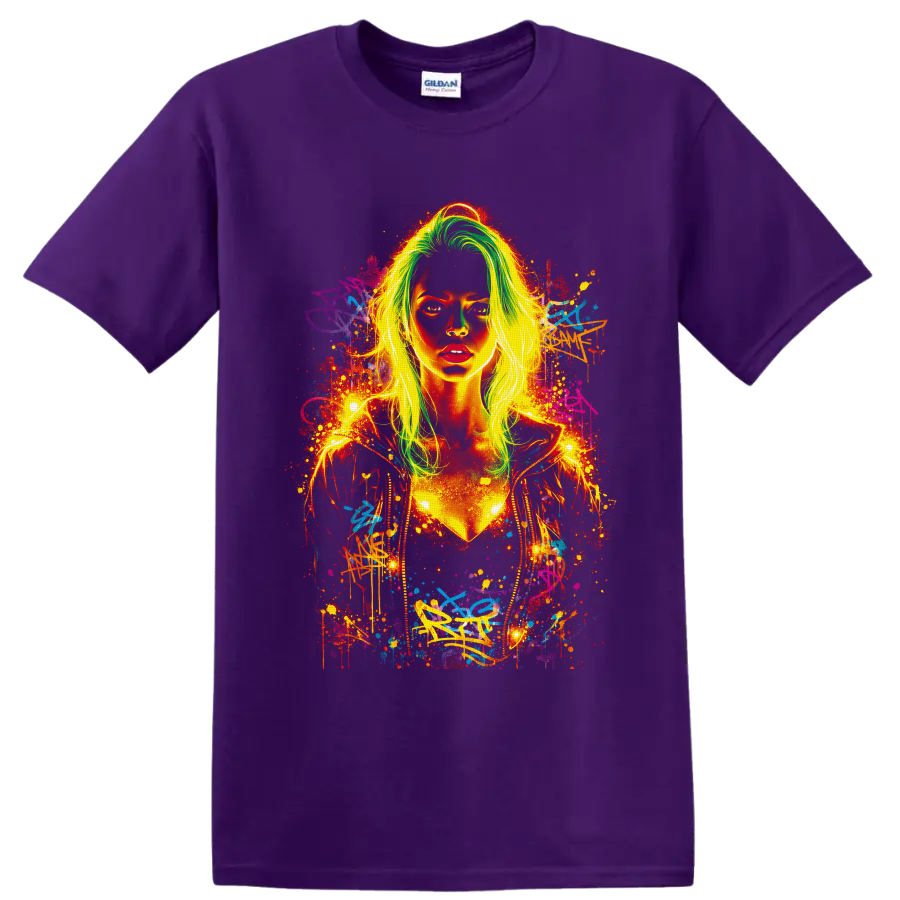 Neon graffiti woman portrait with lime-green hair, paint splatters, and urban street art on a Purple T Shirt