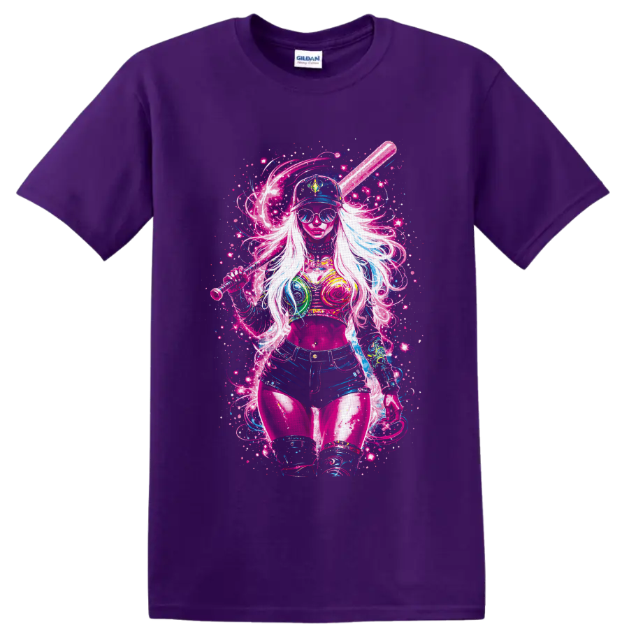 Neon pop art woman in cap and sunglasses holding a baseball bat amid cosmic splatters on a Purple T Shirt