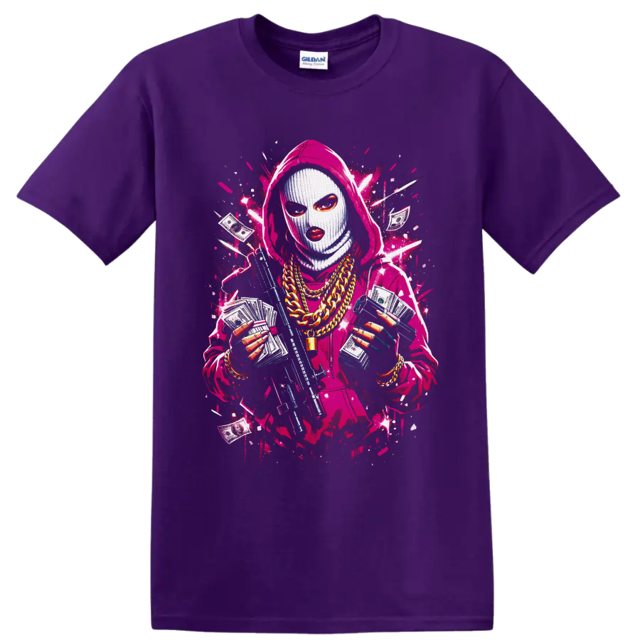 Masked hooded figure with cash, gold chains, rifle, and neon graffiti splatters on a Purple T Shirt