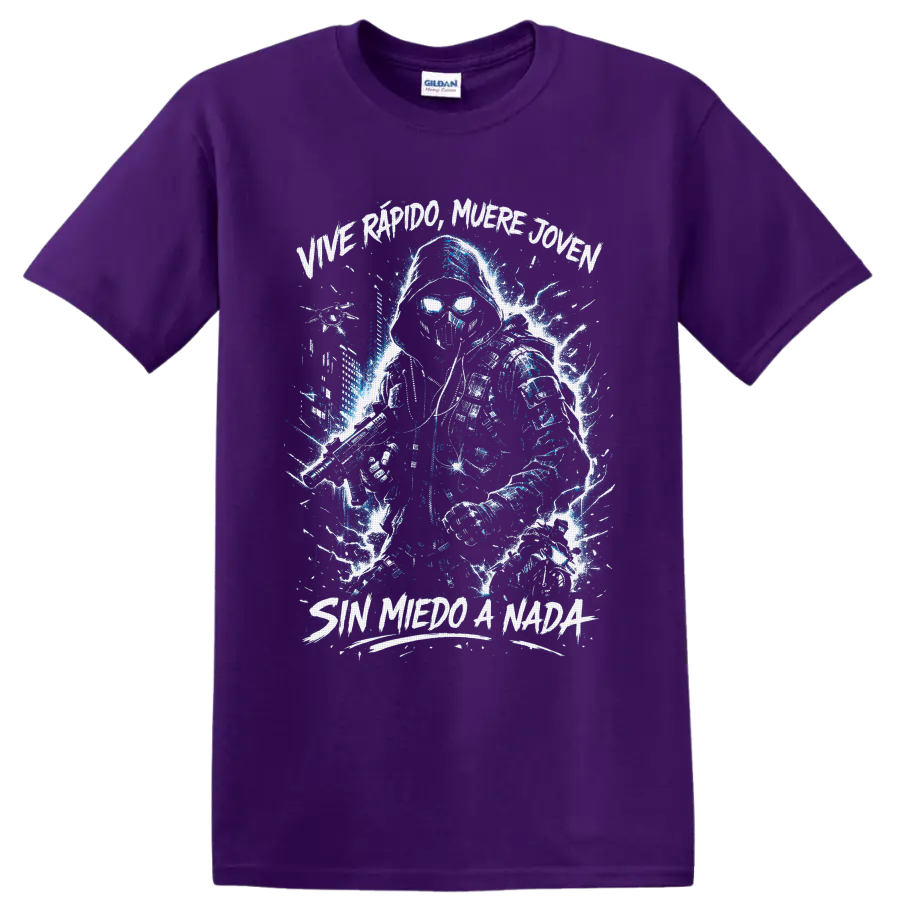 Hooded skull warrior with sword and blue lightning, Sin Miedo A Nada lettering on a Purple T Shirt