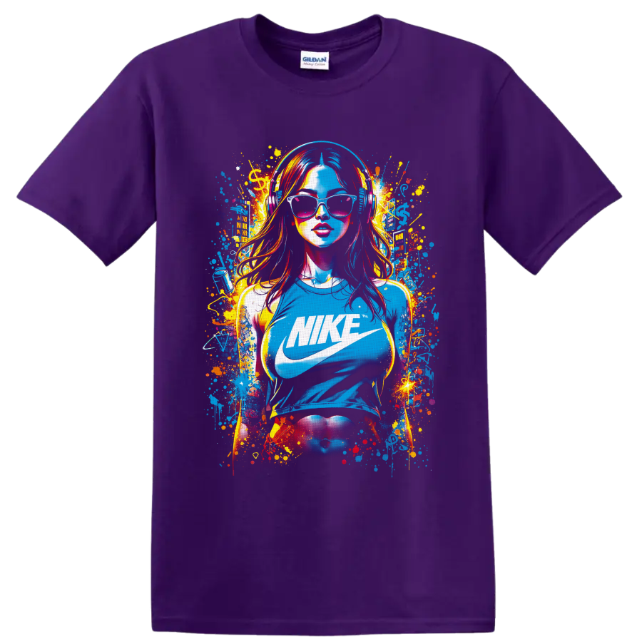 Nike logo pop-art woman in headphones and sunglasses with colorful graffiti splatters on a Purple T Shirt