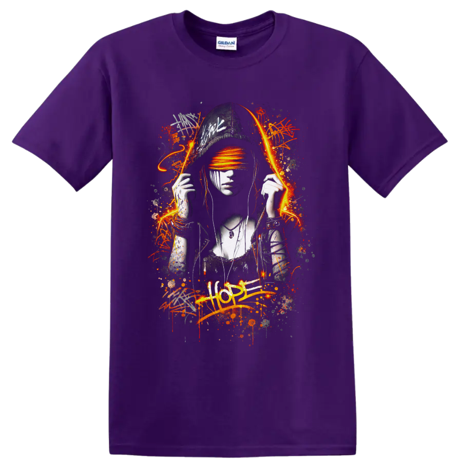 Graffiti-style woman in cap with orange blindfold, paint splatters, and HOPE text on a Purple T Shirt