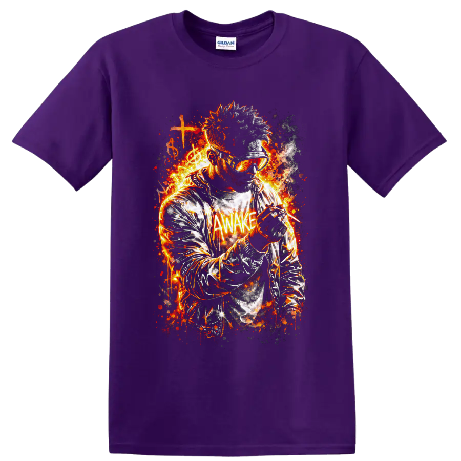 Fiery goggle-wearing musician with microphone, cross, treble clef, and AWAKE text on a Purple T Shirt