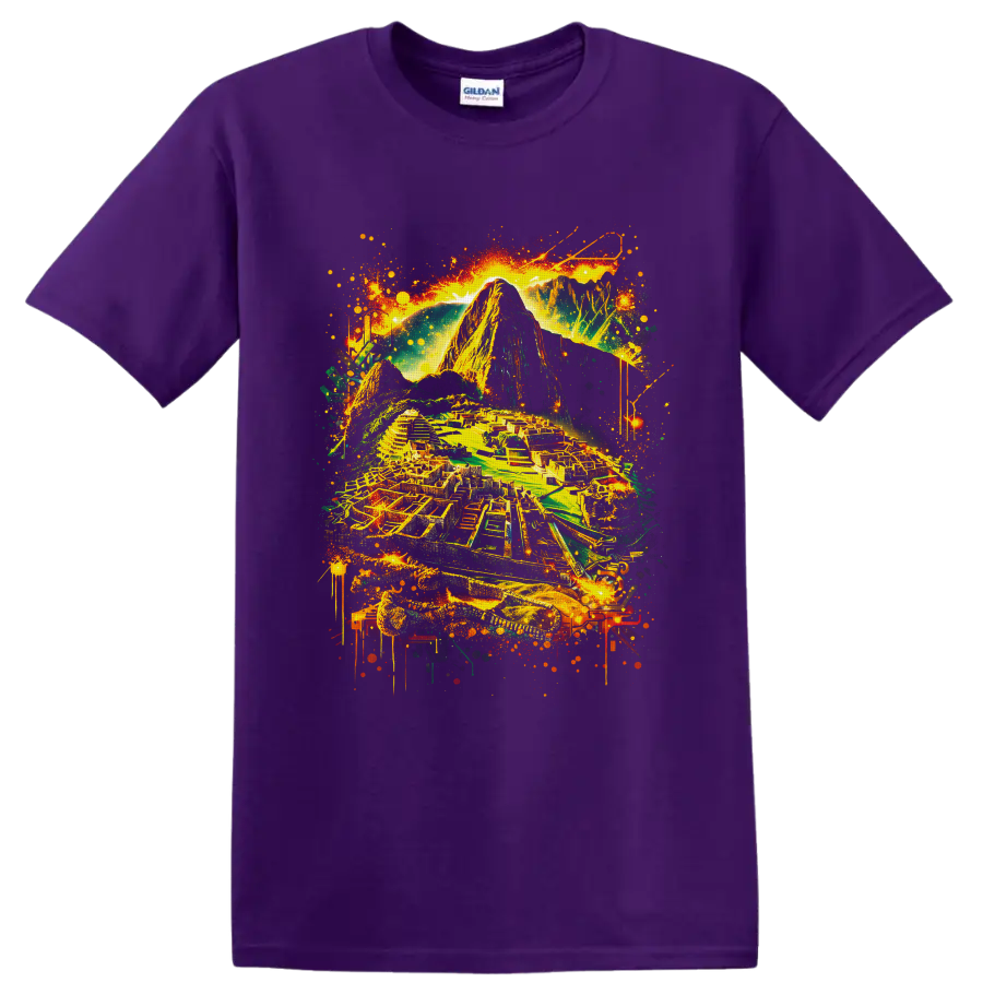 Neon-style Machu Picchu Inca citadel and Andes mountain graffiti artwork on a Purple T Shirt