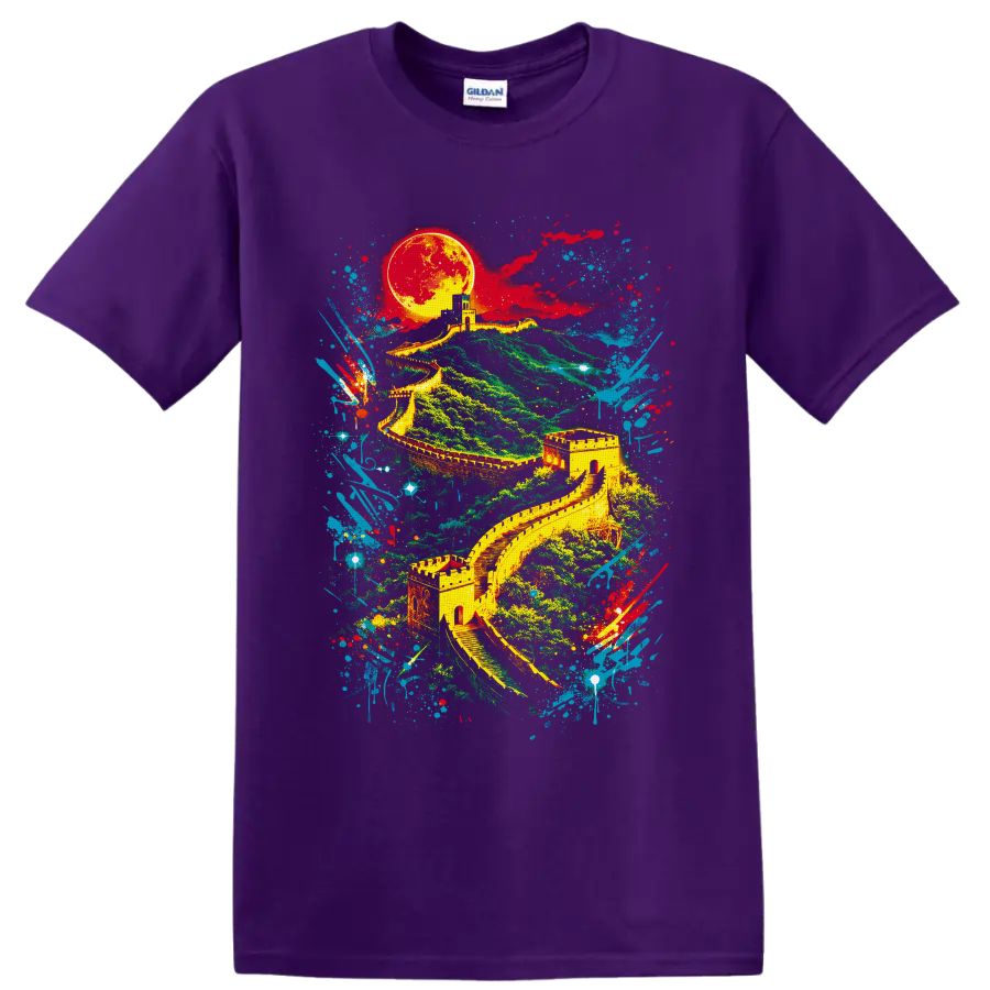 Great Wall of China landscape with glowing moon and colorful graffiti paint splashes on a Purple T Shirt