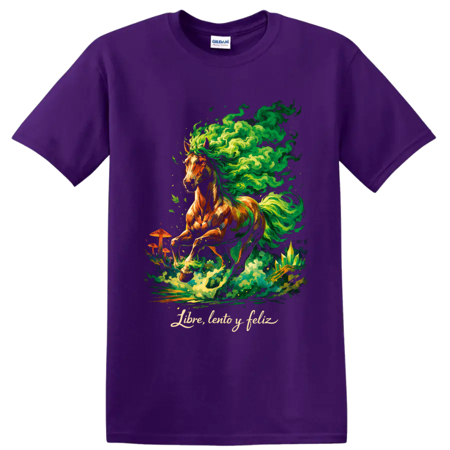 Psychedelic horse with swirling green smoke, mushrooms, crystals, and Libre, lento y feliz on a Purple T Shirt