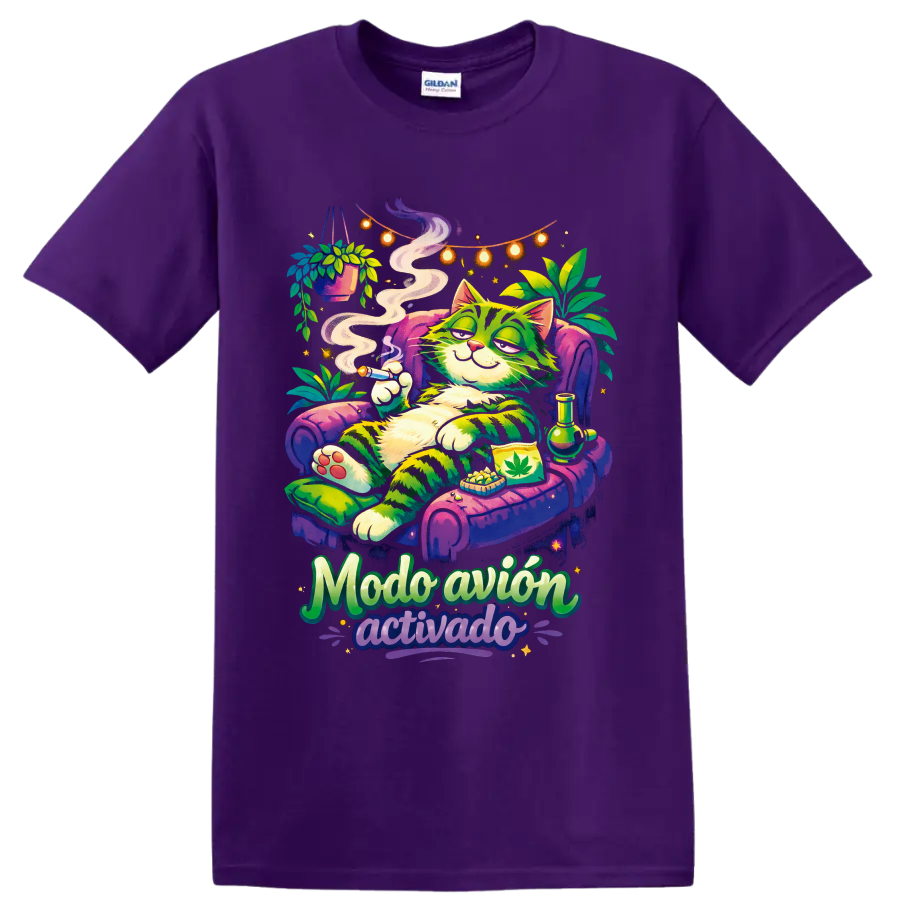 Psychedelic cannabis cat lounging with smoke, plants, and Modo avión activado text on a Purple T Shirt