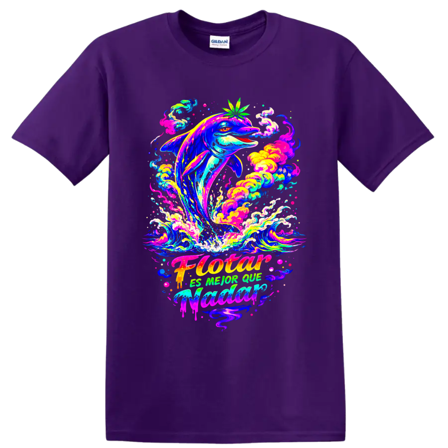Psychedelic dolphin leaping through neon waves with a cannabis leaf on a Purple T Shirt