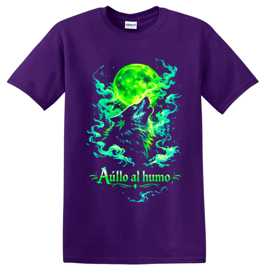 Psychedelic howling wolf beneath a neon green moon with swirling cannabis smoke on a Purple T Shirt