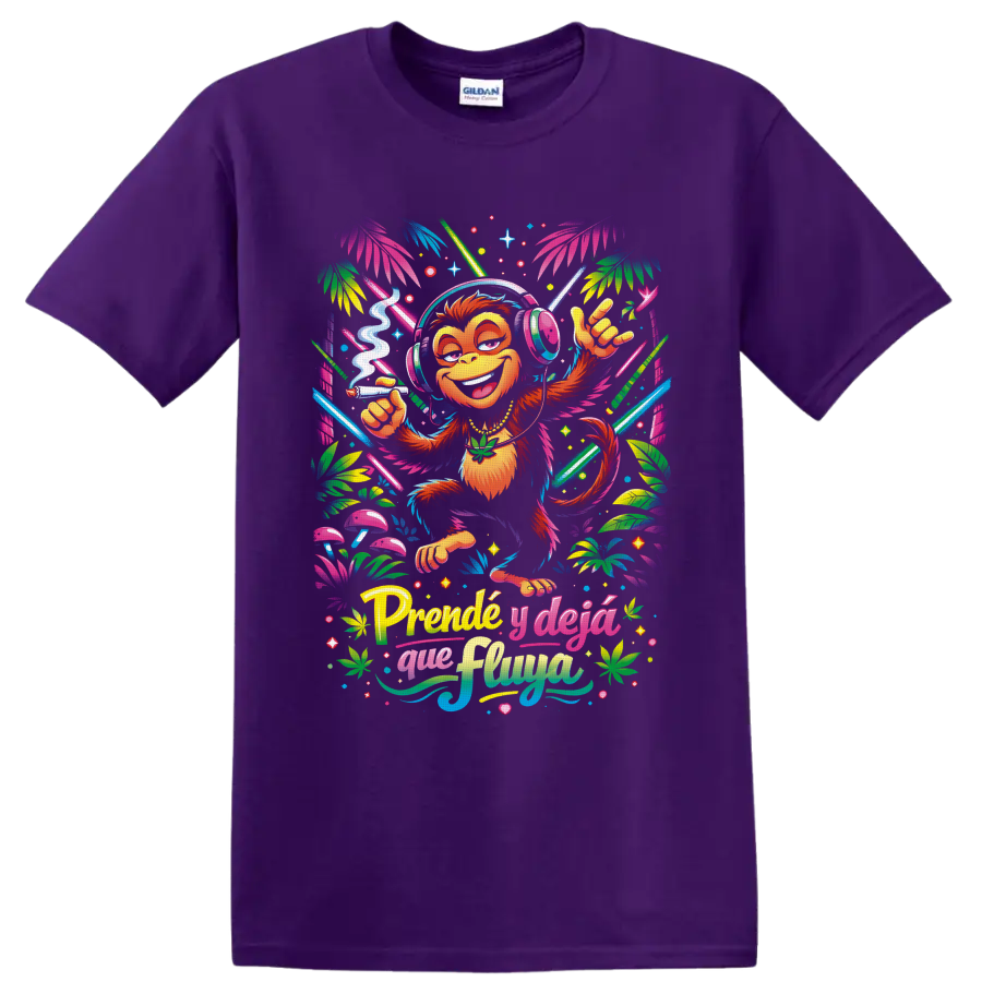 Neon tropical cannabis monkey DJ graphic with headphones, mushrooms, and Spanish lettering on a Purple T Shirt