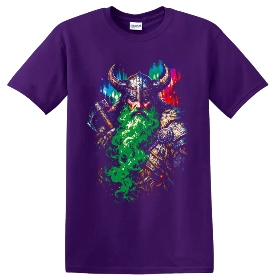 Colorful distressed Viking warrior with horned helmet, axe, shield, and green smoke on a Purple T Shirt