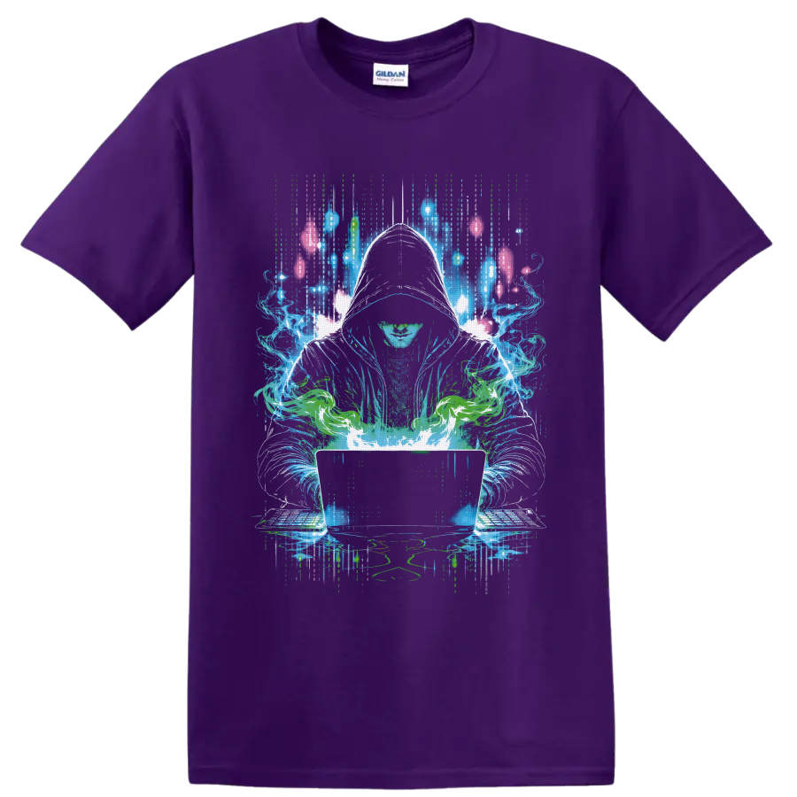 Hooded cannabis hacker with glowing laptop in neon cyberpunk digital art on a Purple T Shirt