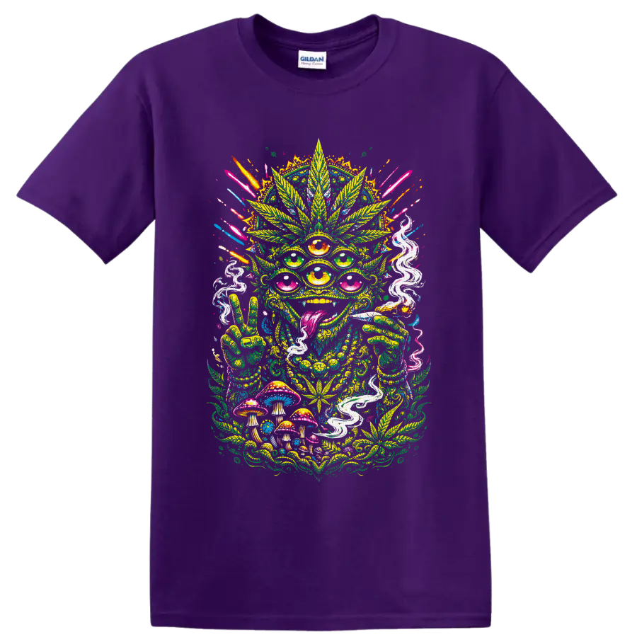Psychedelic multi-eyed cannabis alien with mushrooms, smoke, and peace sign on a Purple T Shirt