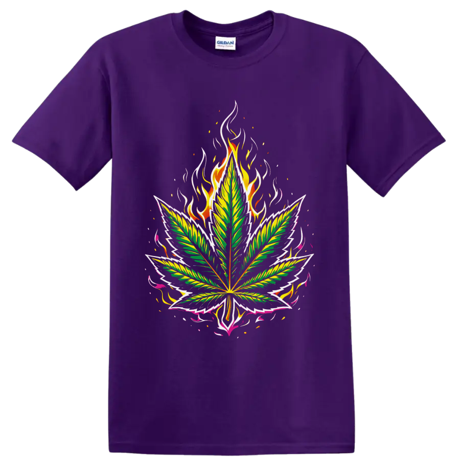 Psychedelic cannabis leaf graphic with flames, embers, and pink ribbon-like accents on a Purple T Shirt