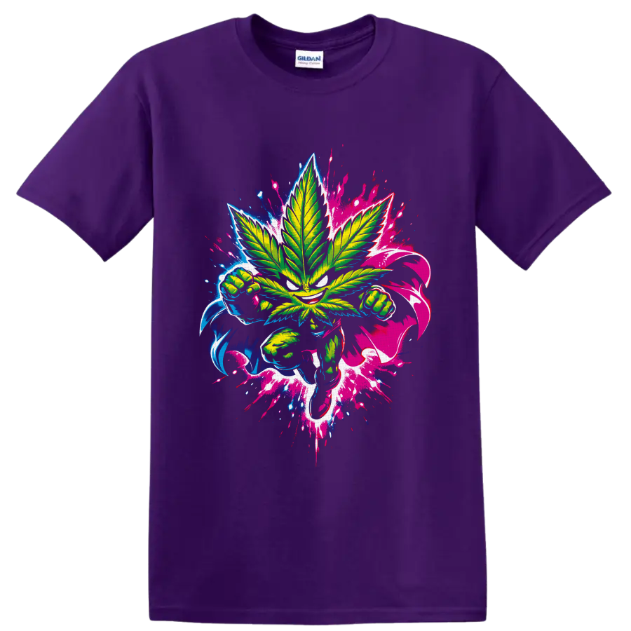 Neon cannabis leaf fighter with clenched fists and blue pink graffiti splatters on a Purple T Shirt