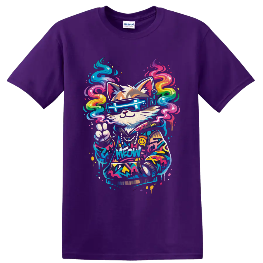 Graffiti-style cat DJ in neon visor shades with rainbow swirls and Meow text on a Purple T Shirt