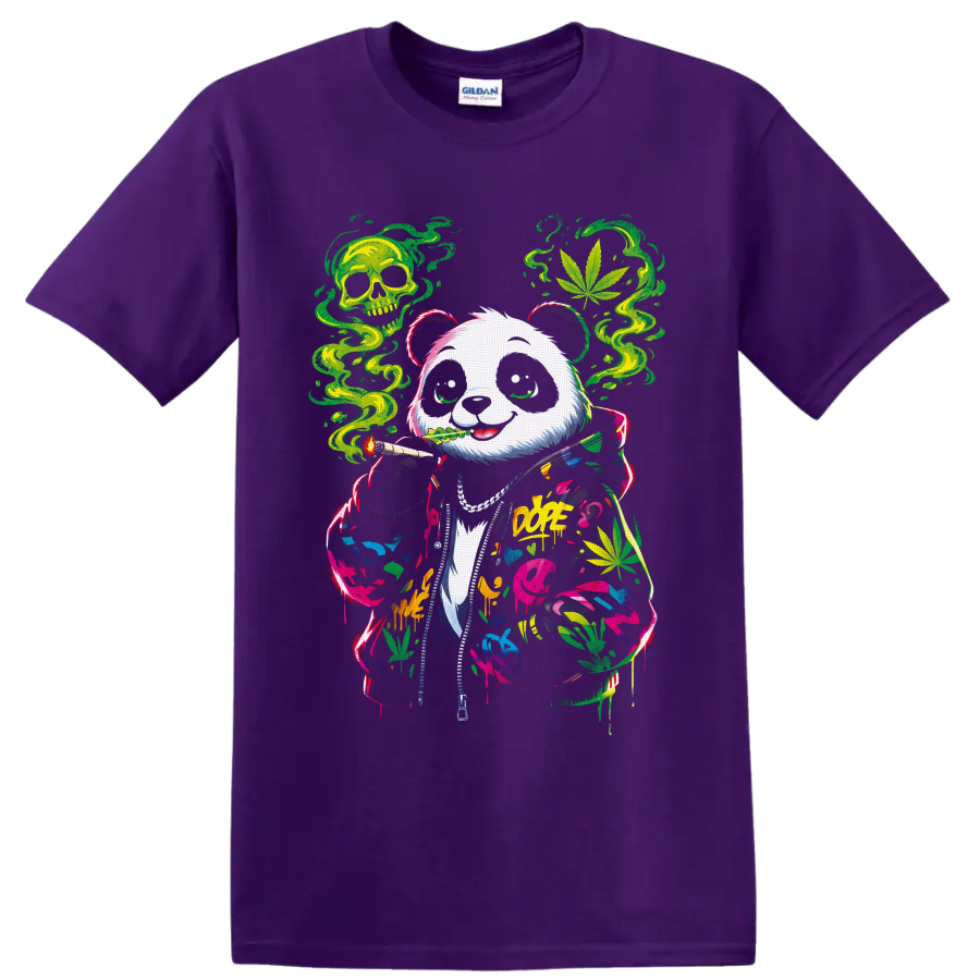 Graffiti panda in a paint-splashed hoodie with cannabis leaves, green smoke, and skull on a Purple T Shirt