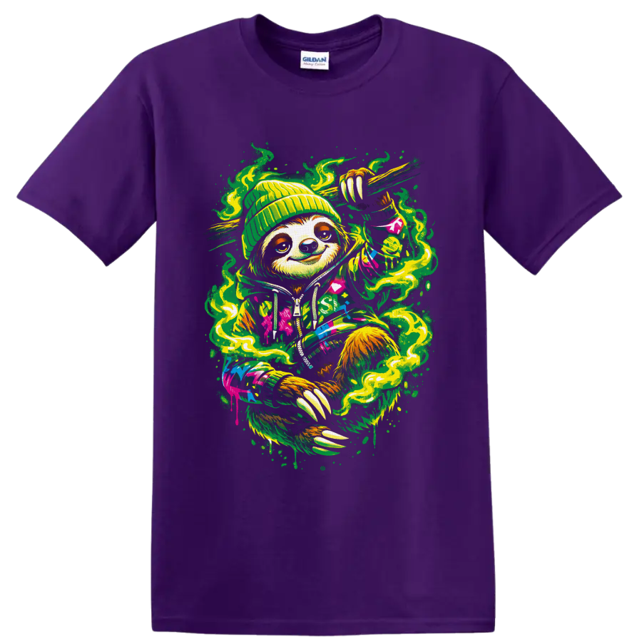 Psychedelic beanie-wearing sloth with green smoke swirls and colorful street-art splatter on a Purple T Shirt