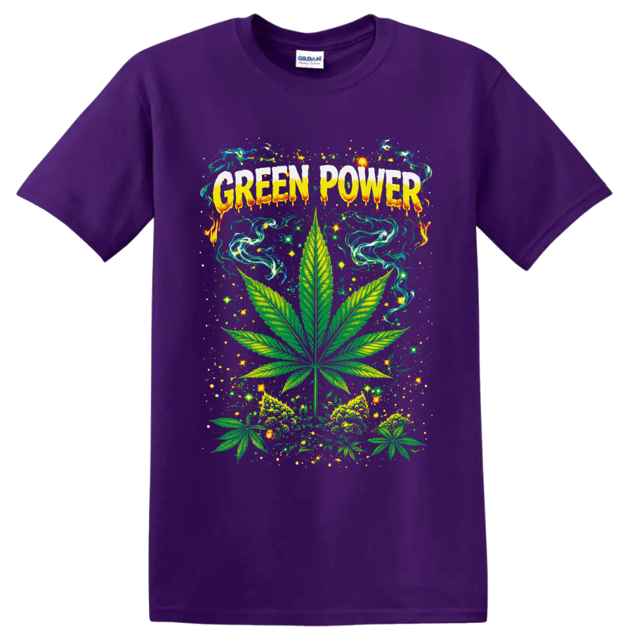 Green Power psychedelic cannabis leaf graphic with swirling smoke and sparkling stars on a Purple T Shirt