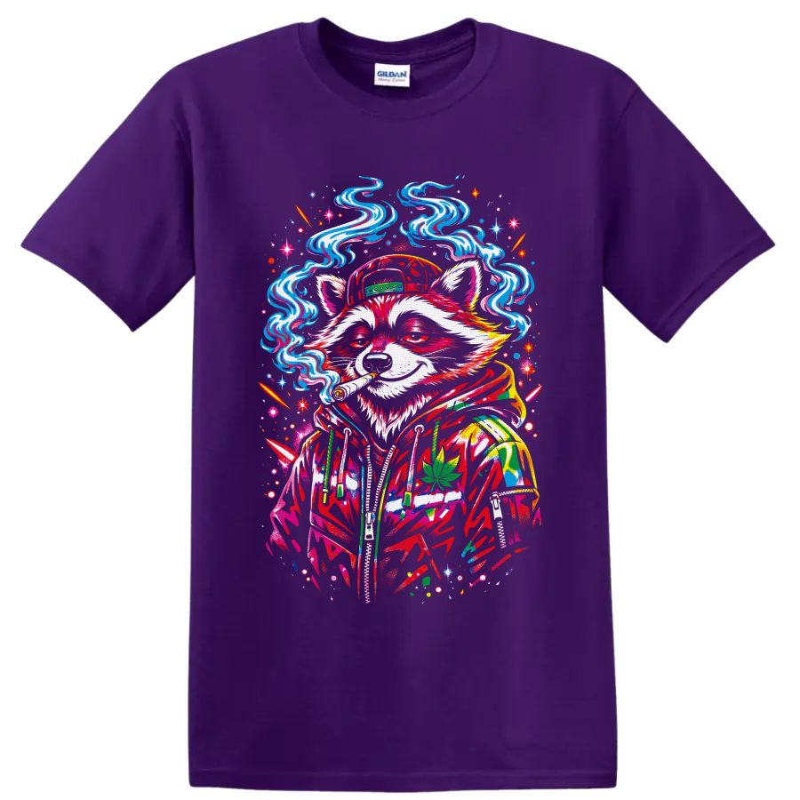 Psychedelic cannabis raccoon in cap and hoodie with swirling smoke and leaf on a Purple T Shirt